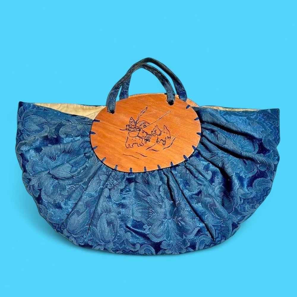`1940s blue handmade silk tapestry novelty dog crescent shaped handbag